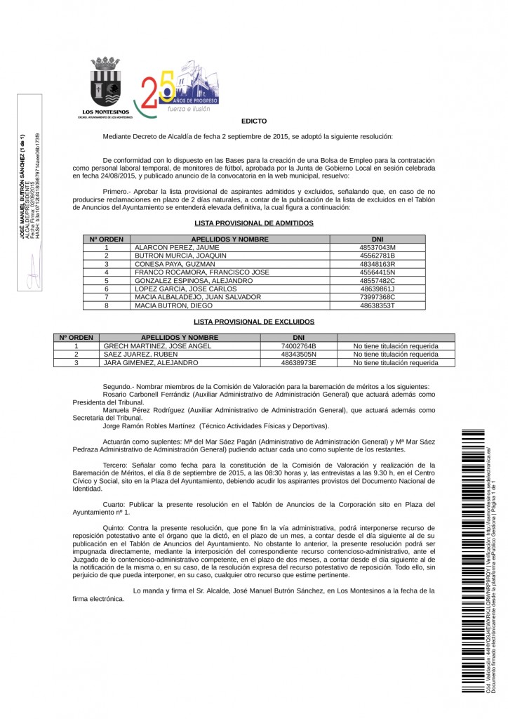 Lista Provisional Aspirantes Admitidos Y Excluidos Al Proceso De