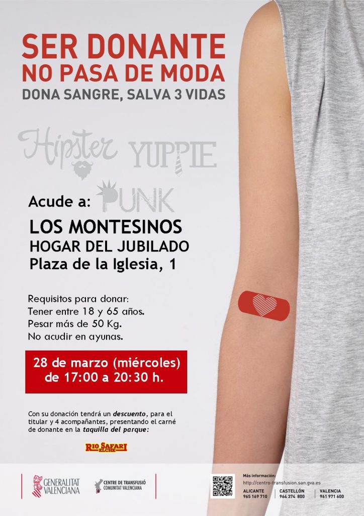 Donación de Sangre en Los Montesinos el próximo 28 de marzo de 2018