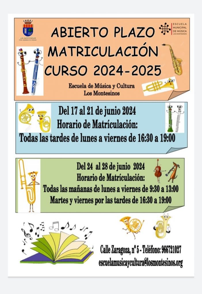 Plazo matrículas Escuela Municipal de Música, Los Montesinos 2024-2025